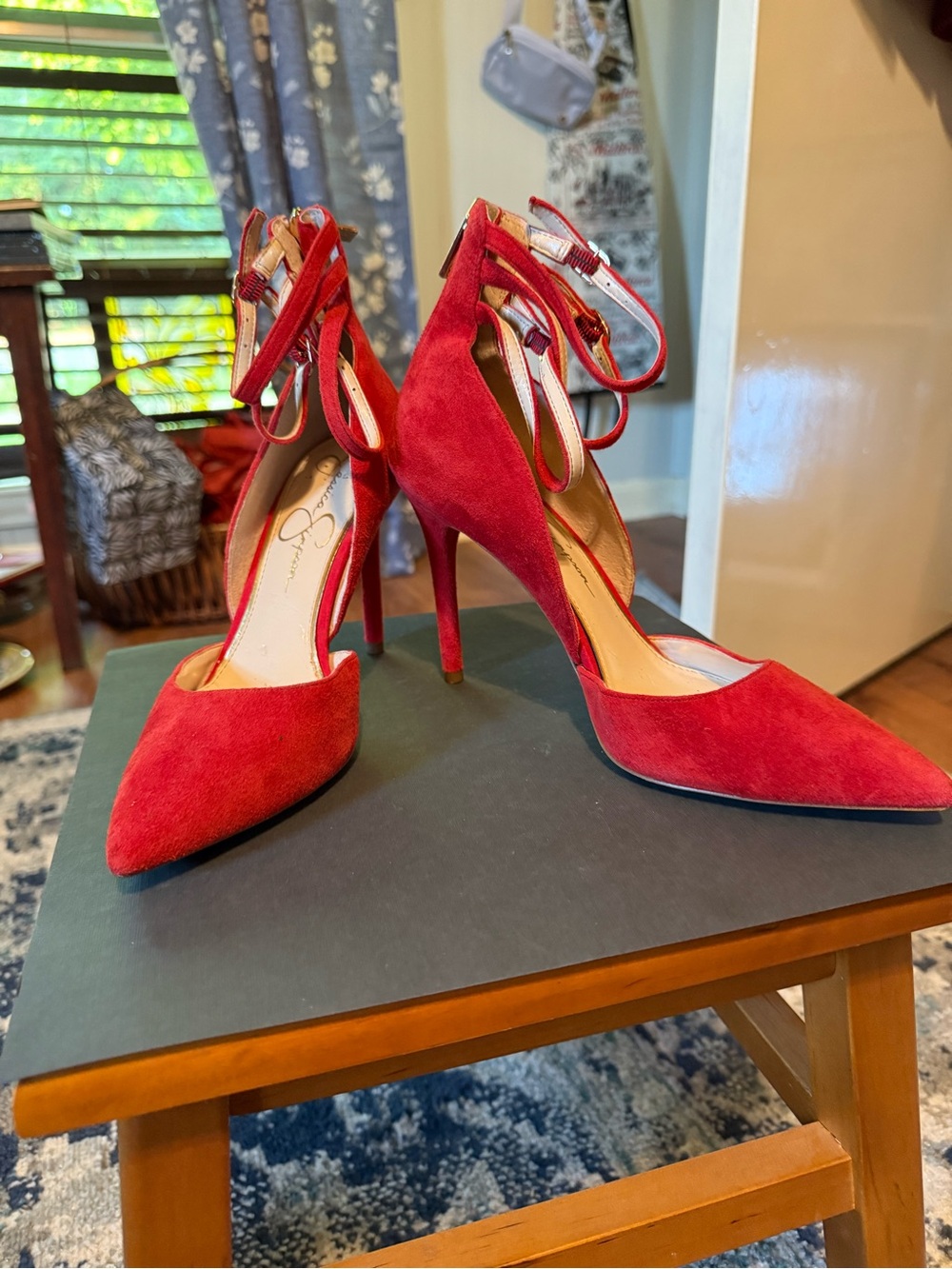 Jessica Simpson Red Suede Pointed Ankle-Strap Stilettos size 8M - 4 inch heels